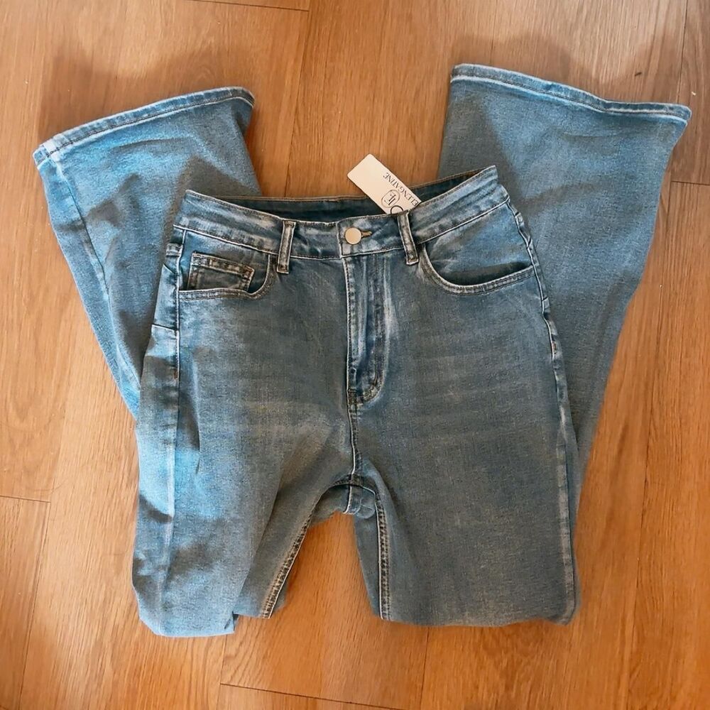 Elegatine blue high waisted flare vintage wash bootcut denim jeans